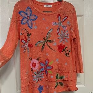 Jess & Jane Cotton Peach Dragonfly Tunic Florals Spring Summer Natural Fiber M